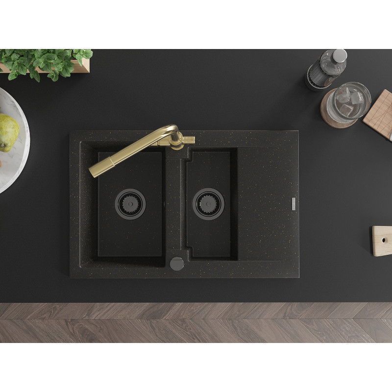 Mexen Gaspar granitový dřez 1,5-komorový s odkapávačem a kuchyňskou baterií Duero, černý/zlatý - 6507-75-671600-50-B