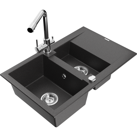 Mexen Gaspar žulový dřez 1,5-komorový s odkapávačem a kuchyňskou baterií Duero, černý skvrnitý - 6507-76-671600-00