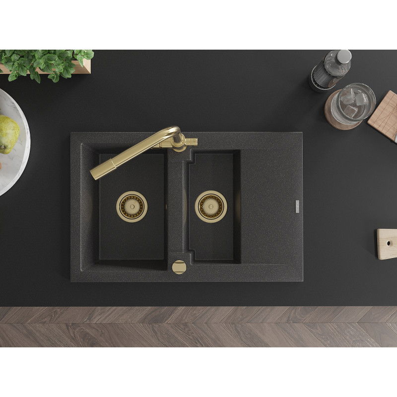 Mexen Gaspar granitový dřez 1,5-komorový s odkapávačem a kuchyňskou baterií Duero, černý s tečkami - 6507-76-671600-50