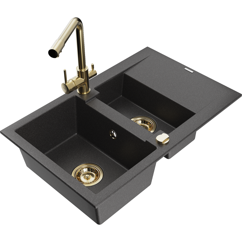 Mexen Gaspar granitový dřez 1,5-komorový s odkapávačem a kuchyňskou baterií Duero, černý s tečkami - 6507-76-671600-50