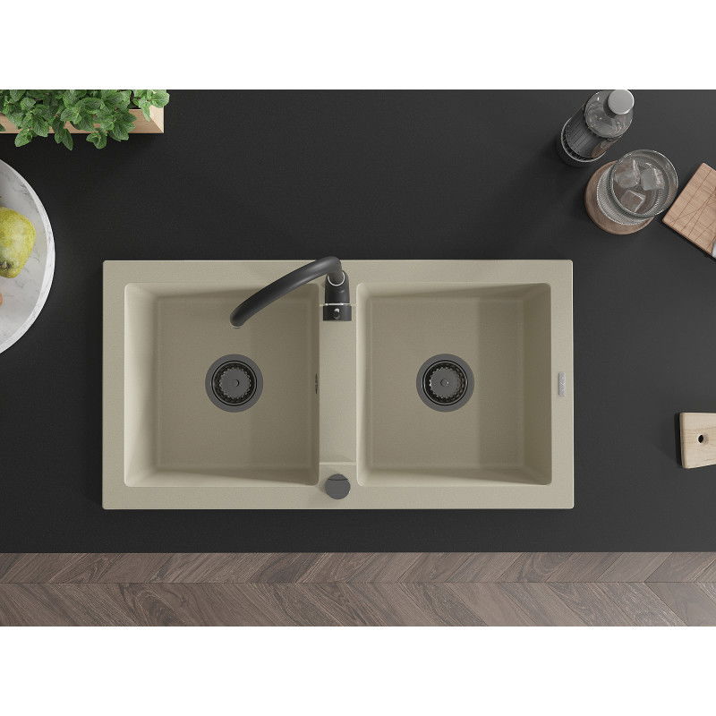 Mexen Mario dvoukomorový granitový dřez s kuchyňskou baterií Telma, béžový - 6504-69-670200-70