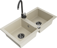 Mexen Mario dvoukomorový granitový dřez s kuchyňskou baterií Telma, béžový - 6504-69-670200-70