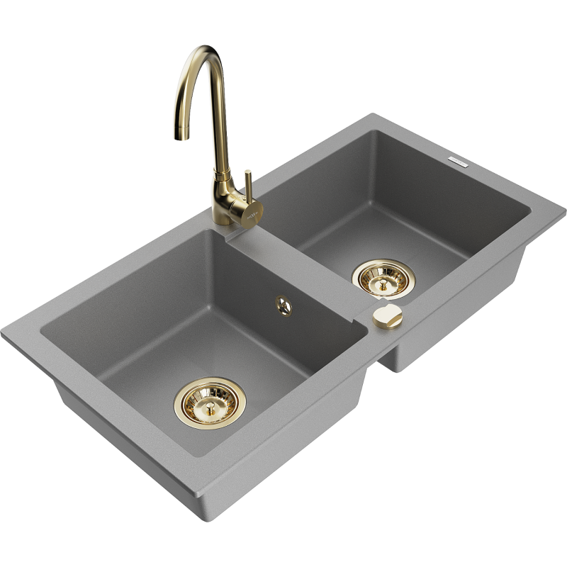 Mexen Mario žulový dřez s 2 komorami a kuchyňskou baterií Telma, šedý - 6504-71-670200-50