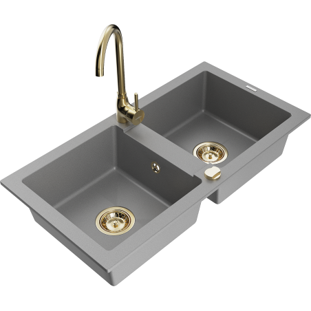 Mexen Mario žulový dřez s 2 komorami a kuchyňskou baterií Telma, šedý - 6504-71-670200-50
