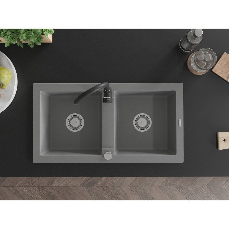Mexen Mario žulový dřez 2-komorový s kuchyňskou baterií Telma, šedý - 6504-71-670200-70