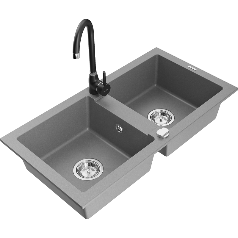 Mexen Mario žulový dřez 2-komorový s kuchyňskou baterií Telma, šedý - 6504-71-670200-70