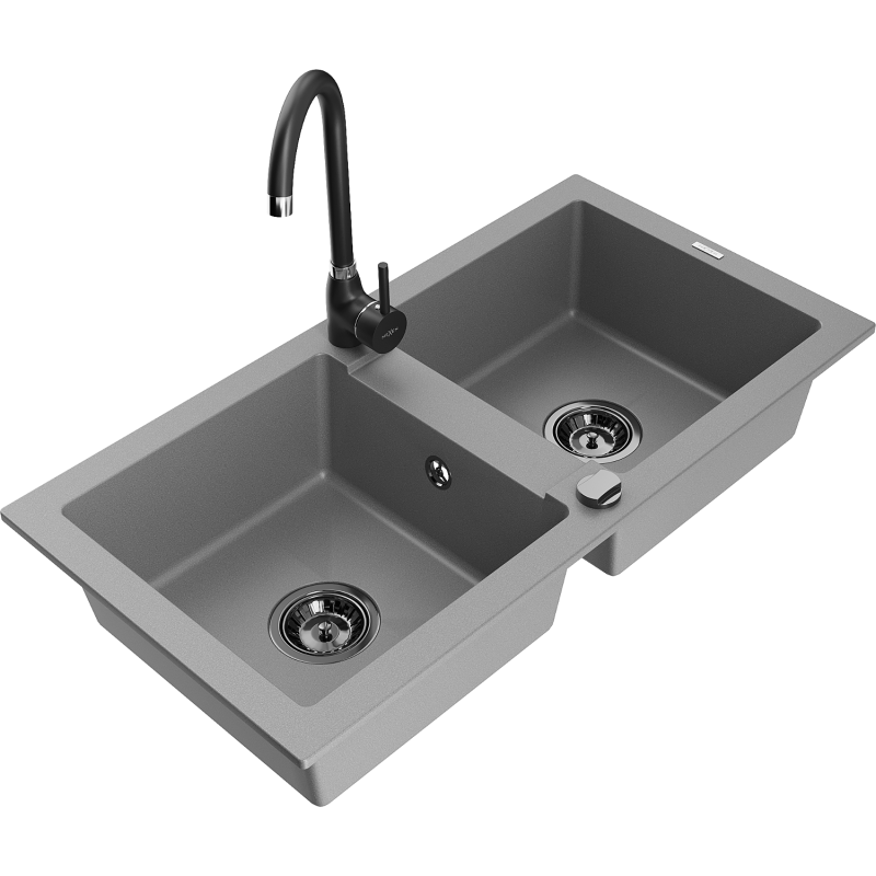 Mexen Mario dřez žulový 2-komorový s kuchyňskou baterií Telma, šedý - 6504-71-670200-70-B