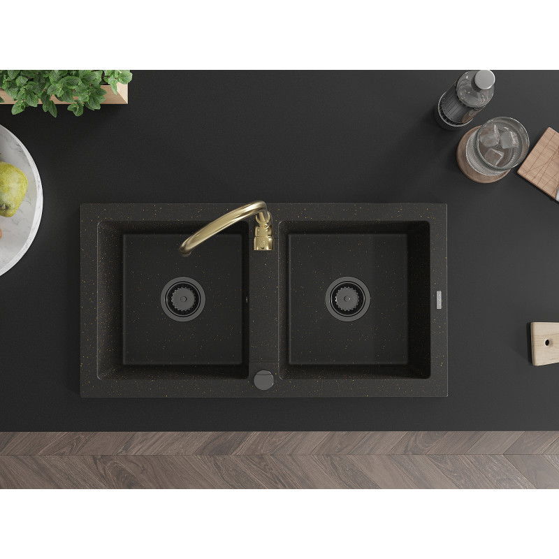 Mexen Mario granitový dvojkomorový dřez s kuchyňskou baterií Telma, černá/zlatá - 6504-75-670200-50-B