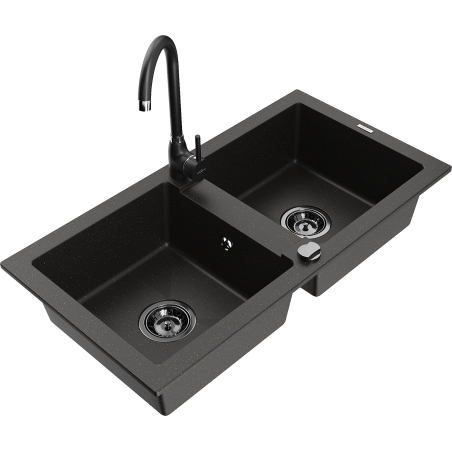 Mexen Mario dvoudřezový žulový dřez s kuchyňskou baterií Telma, černý/zlatý - 6504-75-670200-70-B