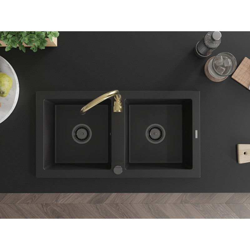 Mexen Mario dřez granitový 2-komorový s kuchyňskou baterií Telma, černý - 6504-77-670200-50-B
