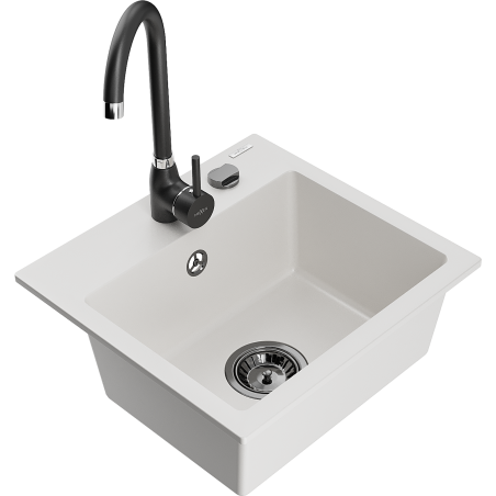 Mexen Milo granitový kuchyňský dřez s 1 komorou a kuchyňskou baterií Telma, bílý - 6505-20-670200-70