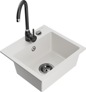 Mexen Milo granitový kuchyňský dřez s 1 komorou a kuchyňskou baterií Telma, bílý - 6505-20-670200-70