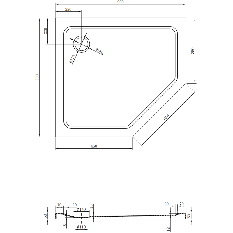 Mexen Flat pentagonální sprchová vanička slim levá 90 x 80 cm, bílá, sifon chrom - 41P108090L