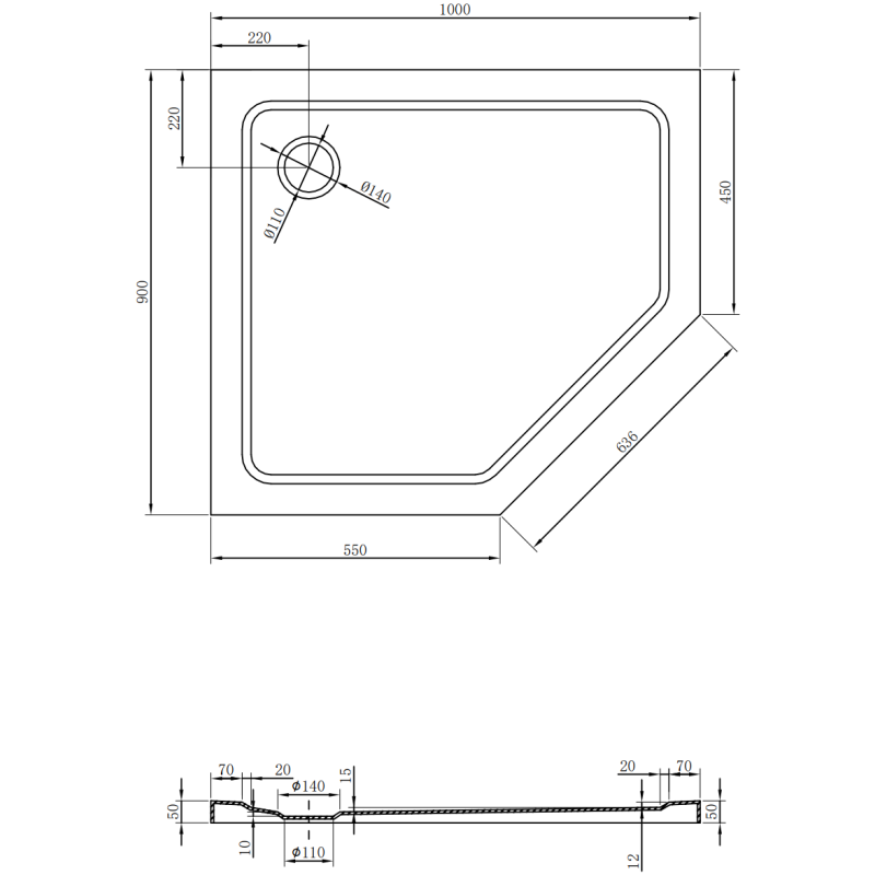 Mexen Flat pentagonální sprchová vanička slim levá 100 x 90 cm, bílá, chromový sifon - 41P109010L