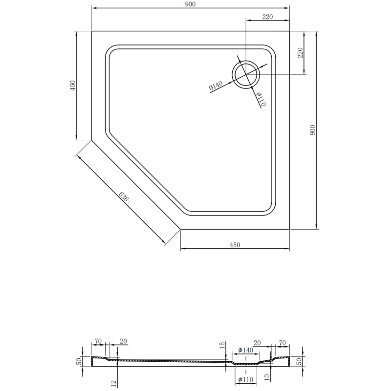 Mexen Flat pentagonální sprchová vanička slim 90 x 90 cm, černá, sifon chrom - 41P709090
