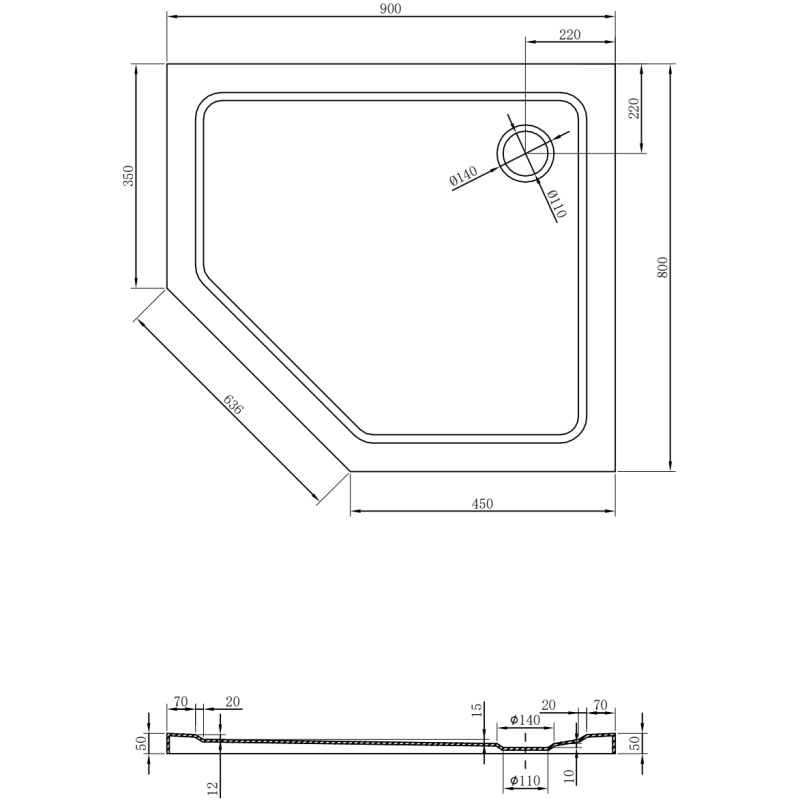 Mexen Flat sprchová vanička pětiúhelníková slim pravá 90 x 80 cm, černá, sifon chrom - 41P708090R