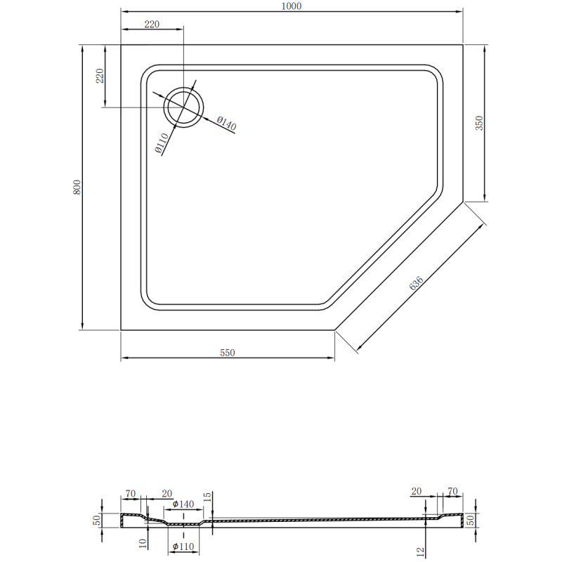 Mexen Flat pětiboká sprchová vanička slim levá 100 x 80 cm, černá, sifon chrom - 41P708010L