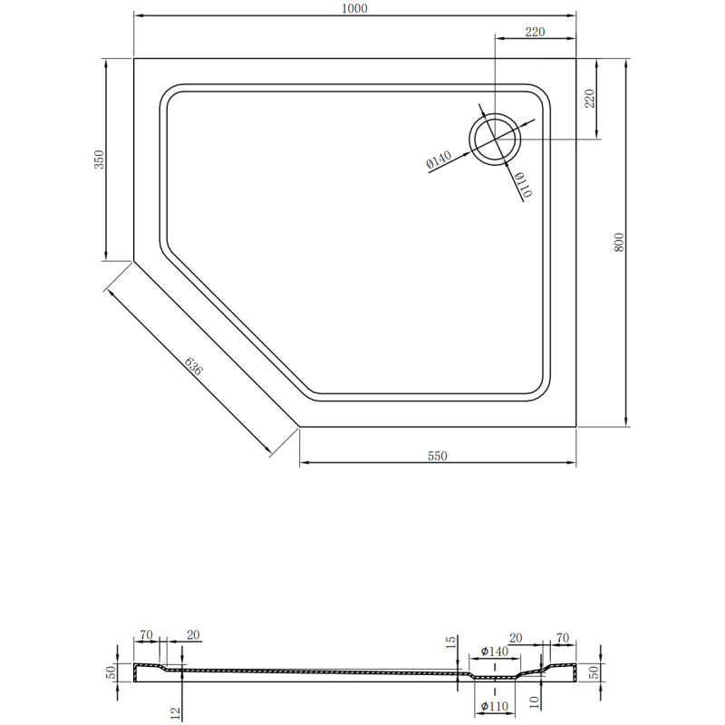 Mexen Flat sprchová vanička pětiúhelníková slim pravá 100 x 80 cm, černá, sifon chrom - 41P708010R
