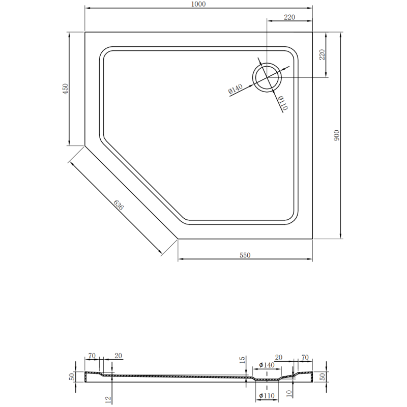 Mexen Flat sprchová vanička pětiúhelníková slim pravá 100 x 90 cm, černá, sifon chrom - 41P709010R