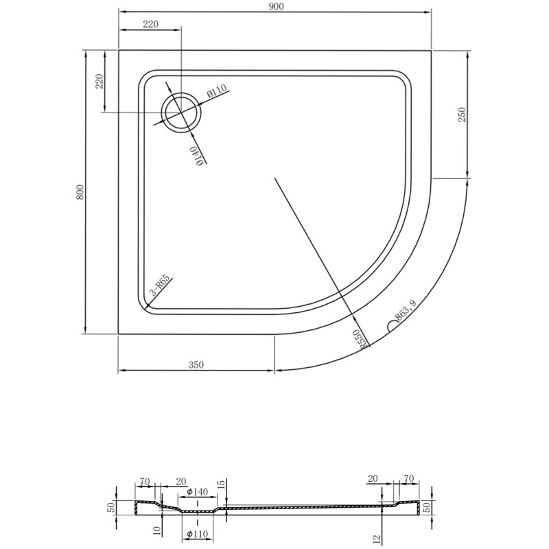Mexen Flat půlkruhová sprchová vanička slim levá 90 x 80 cm, černá, sifon chrom - 41708090L