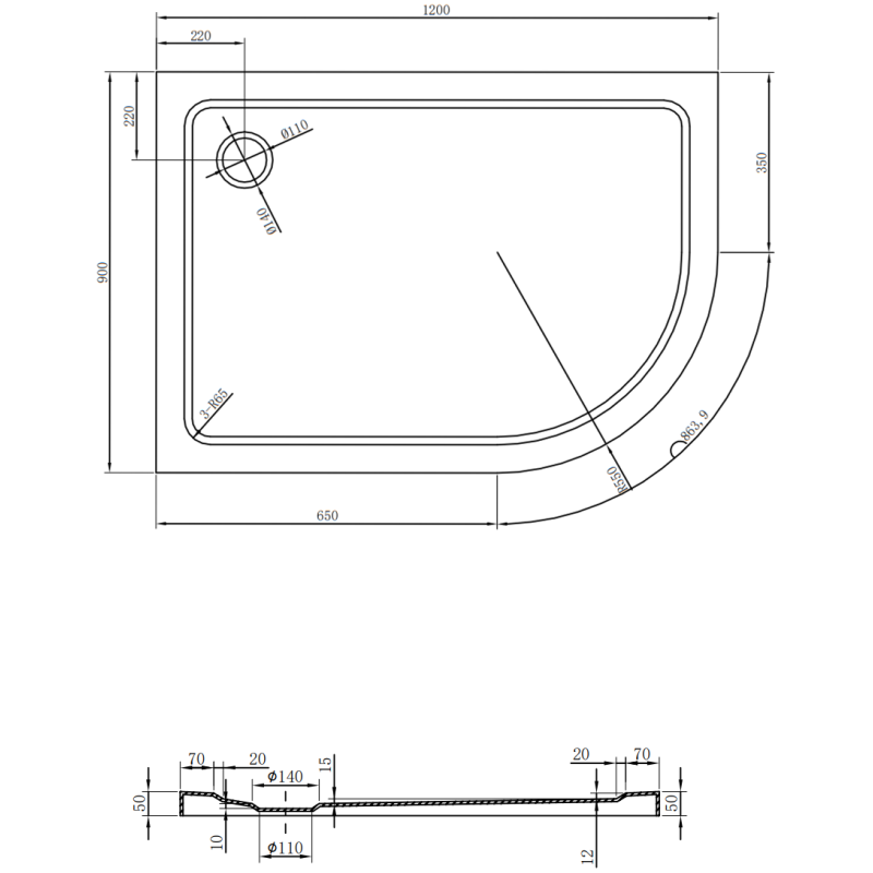Mexen Flat půlkruhový sprchový kout slim levý 120 x 90 cm, černý, sifon chrom - 41709012L