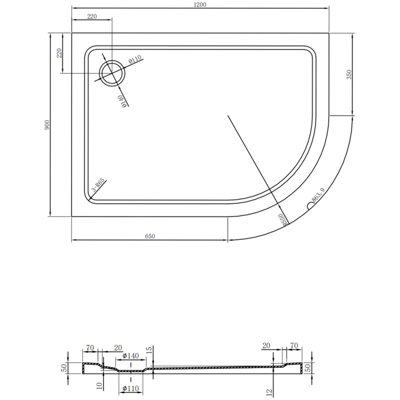 Mexen Flat sprchová vanička půlkruhová tenká levá 120 x 90 cm, černá, sifon zlatý - 41709012L-G