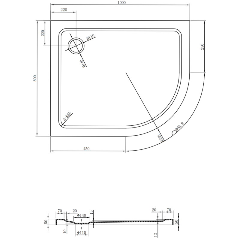 Mexen Flat sprchová vanička půlkruhová slim levá 100 x 80 cm, bílá, sifon černý - 41108010L-B