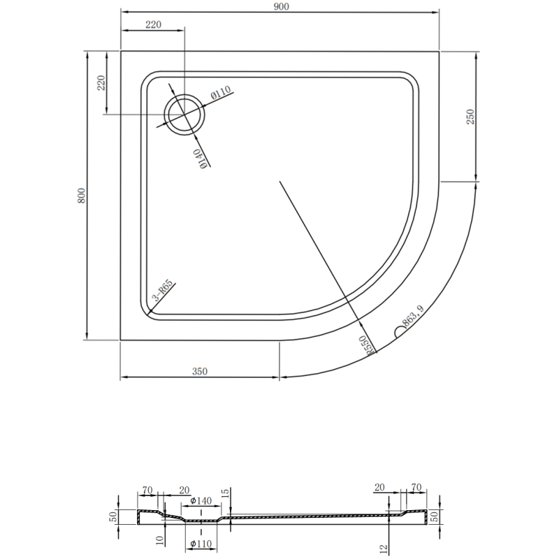 Mexen Flat polokruhový slim levý sprchový kout 90 x 80 cm, černý, sifon černý - 41708090L-B