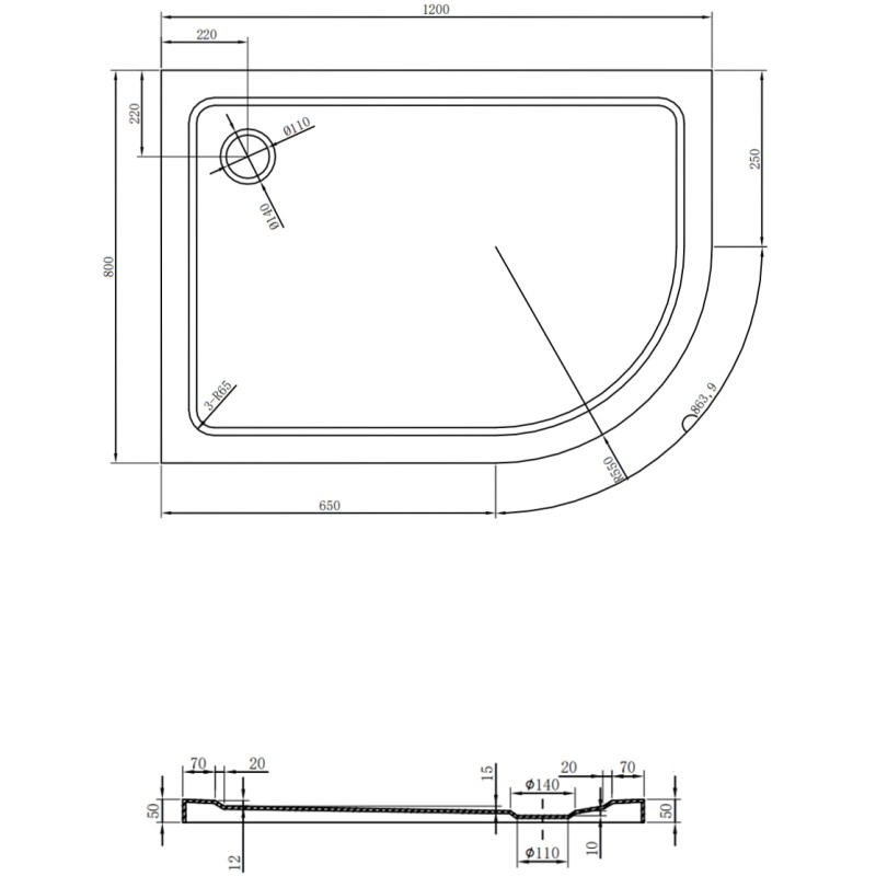 Mexen Flat slim levý půlkruhový sprchový kout 120 x 80 cm, černý, černý sifon - 41708012L-B