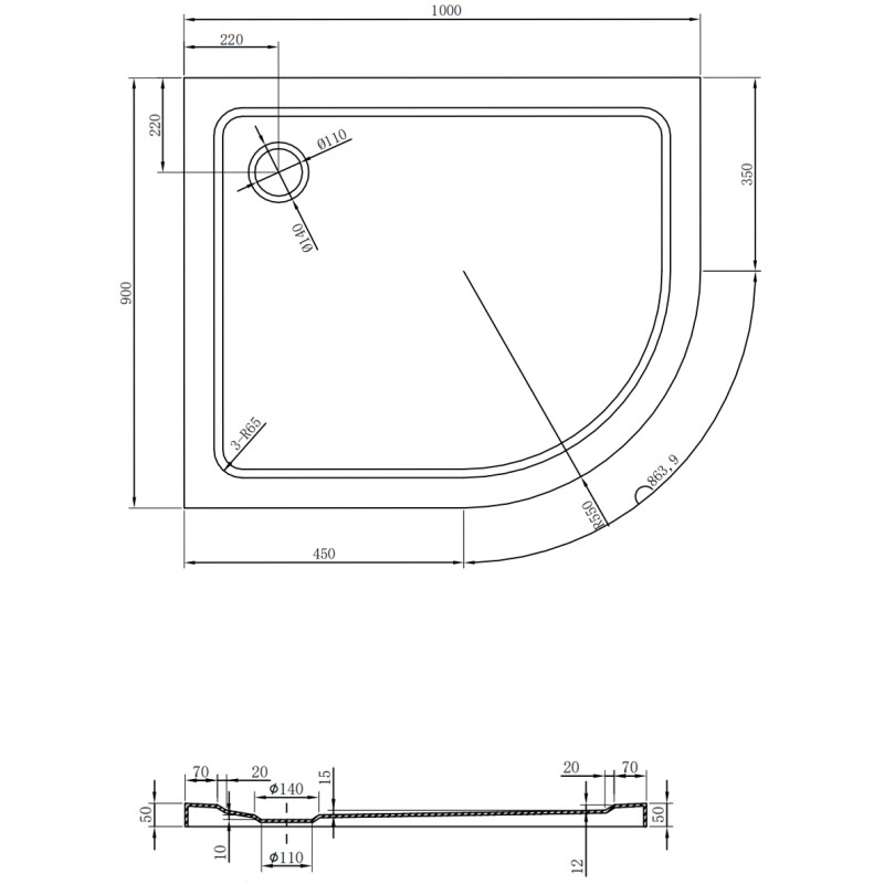 Mexen Flat sprchová vanička půlkruhová slim levá 100 x 90 cm, černá, sifon černý - 41709010L-B
