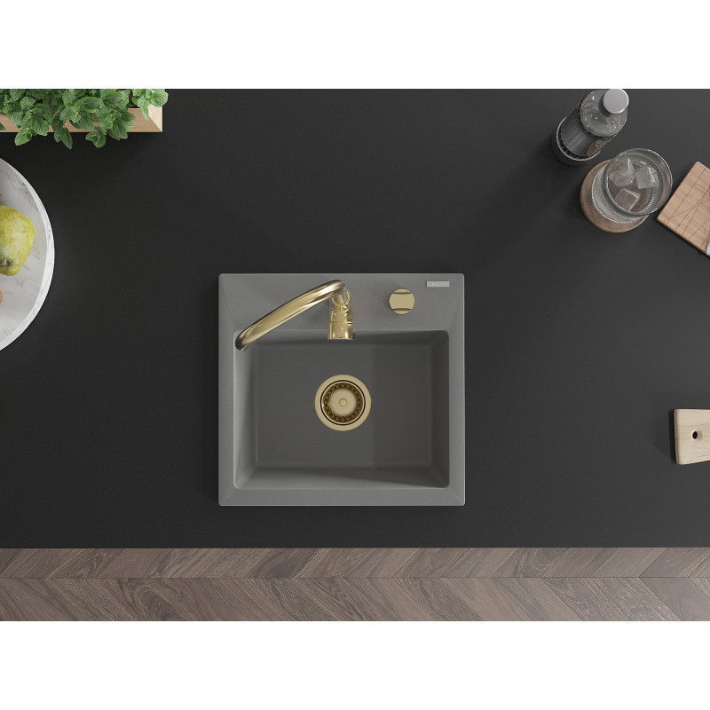 Mexen Milo granitový dřez 1-komorový s kuchyňskou baterií Telma, šedý - 6505-71-670200-50