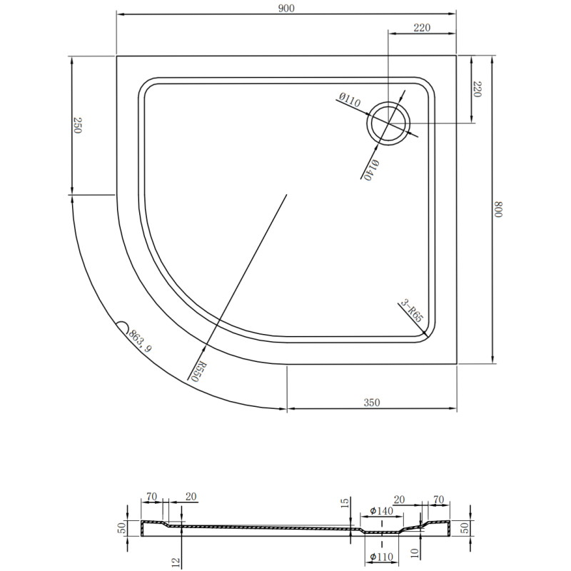 Mexen Flat sprchová vanička půlkruhová slim pravá 90 x 80 cm, bílá, sifon chrom - 41108090P