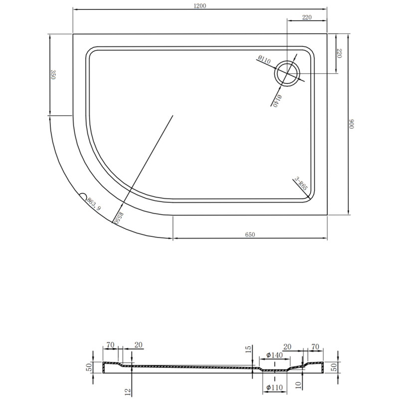 Mexen Flat sprchová vanička půlkruhová slim pravá 120 x 90 cm, bílá, sifon chrom - 41109012P