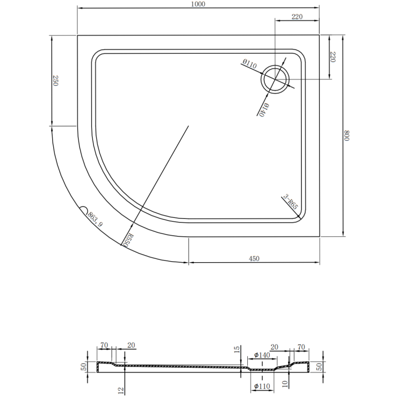 Mexen Flat slim půlkruhová sprchová vanička pravá 100 x 80 cm, černá, sifon chrom - 41708010P