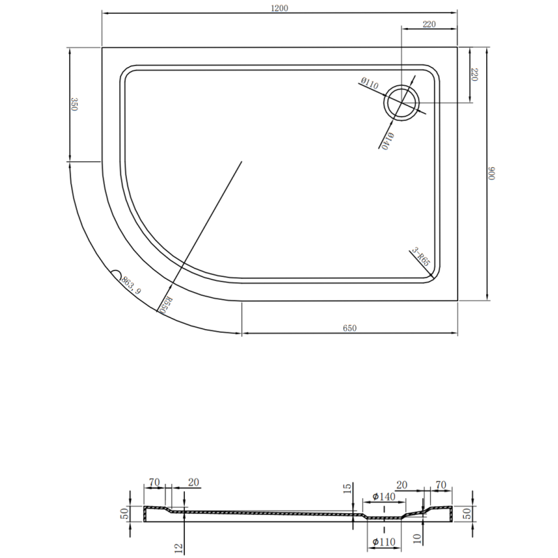 Mexen Flat obloukový sprchový kout slim pravý 120 x 90 cm, bílý, sifon zlatý - 41109012P-G