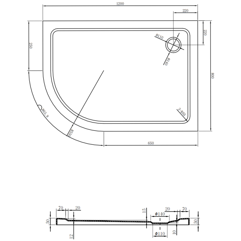 Mexen Flat sprchová vanička půlkruhová slim pravá 120 x 80 cm, černá, sifon zlatý - 41708012P-G