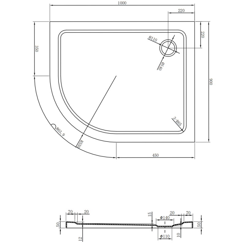 Mexen Flat sprchová vanička půlkruhová slim pravá 100 x 90 cm, černá, sifon zlatý - 41709010P-G