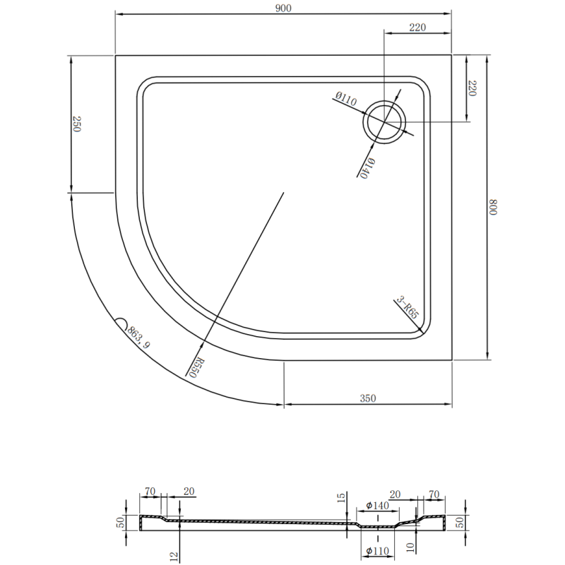 Mexen Flat sprchová vanička polokruhová slim pravá 90 x 80 cm, bílá, černý sifon - 41108090P-B