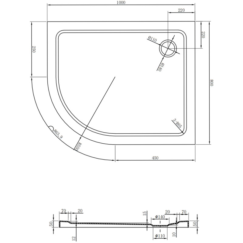 Mexen Flat slim půlkruhová sprchová vanička pravá 100 x 80 cm, černá, černý sifon - 41708010P-B