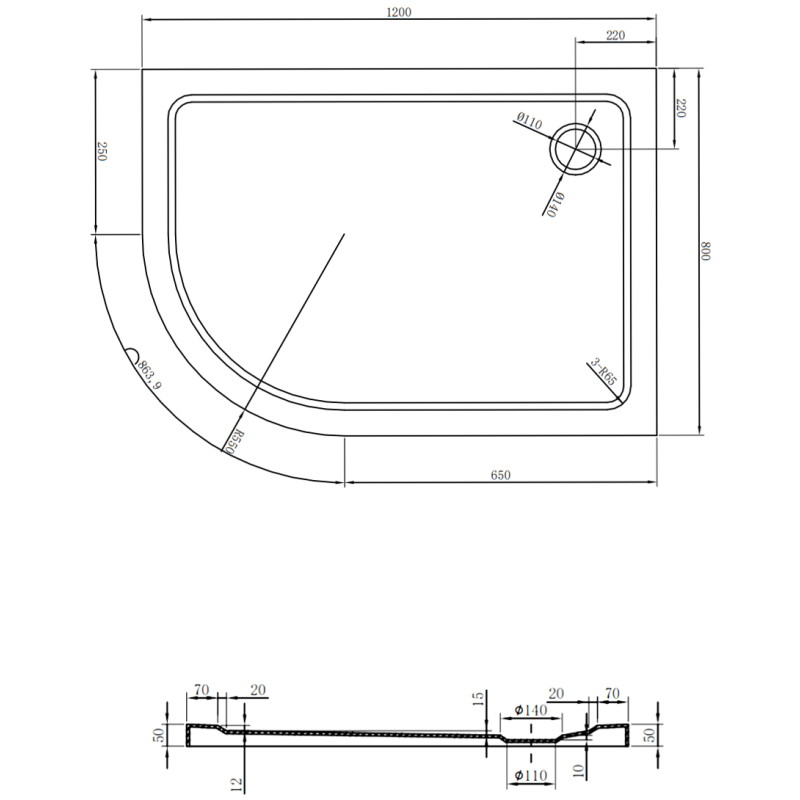 Mexen Flat sprchová vanička půlkruhová slim pravá 120 x 80 cm, černá, sifon černý - 41708012P-B