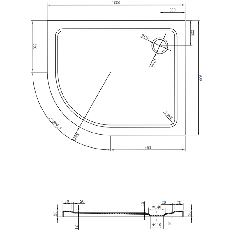 Mexen Flat sprchová vanička půlkruhová slim pravá 100 x 90 cm, černá, sifon černý - 41709010P-B