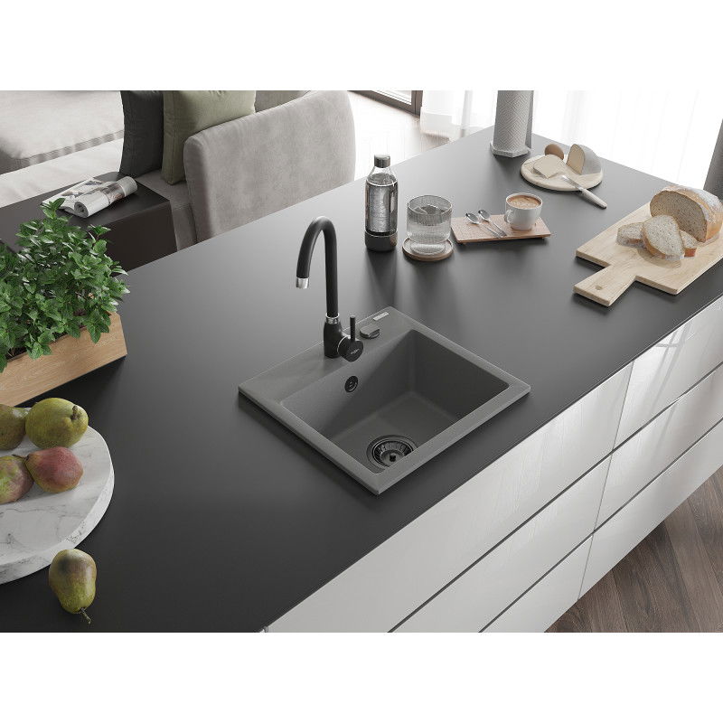Mexen Milo granitový dřez 1-komorový s kuchyňskou baterií Telma, šedý - 6505-71-670200-70-B