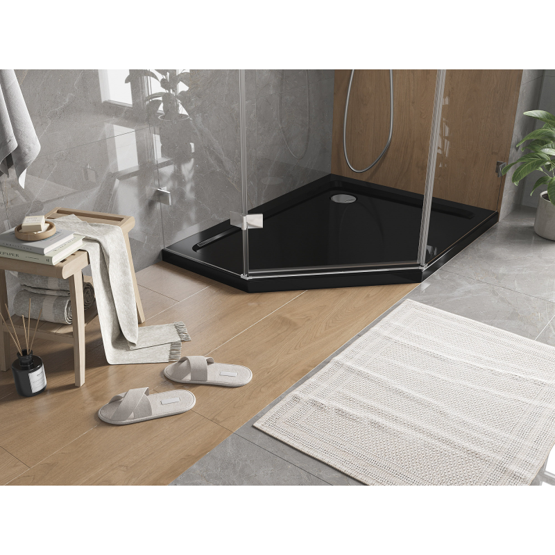 Mexen Flat sprchová vanička pětiúhelníková slim pravá 100 x 90 cm, černá, sifon chrom - 41P709010R