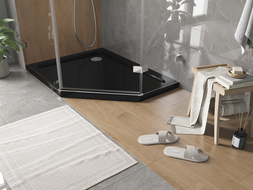 Mexen Flat pětiúhelníková sprchová vanička slim levá 90 x 80 cm, černá, sifon chrom - 41P708090L
