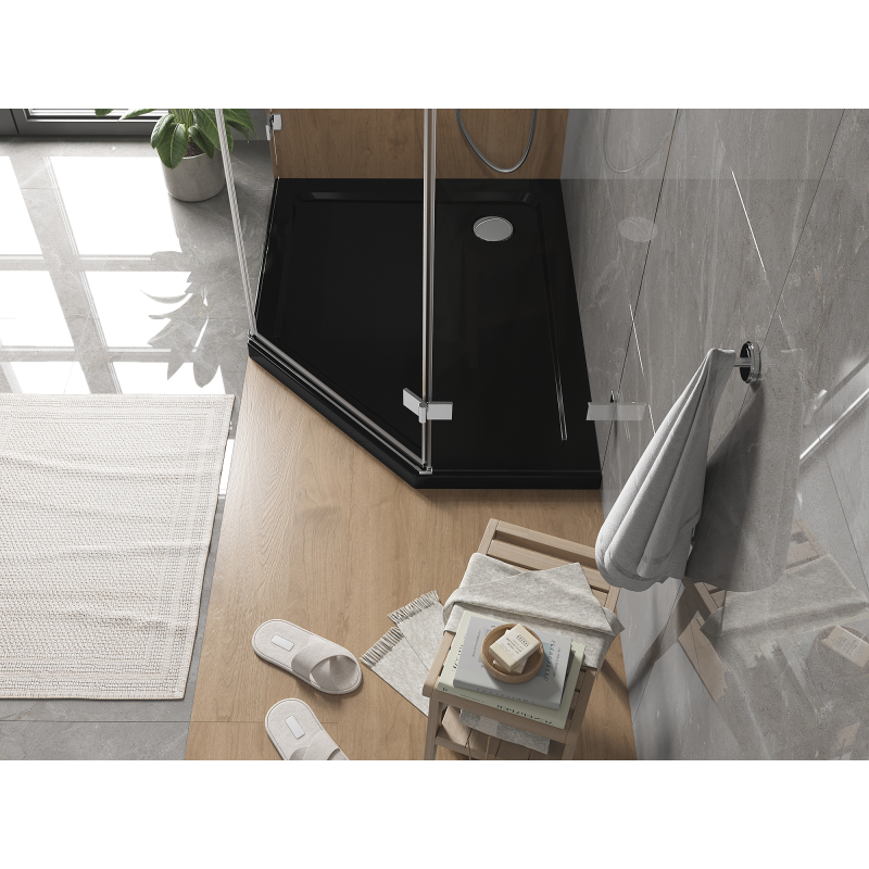 Mexen Flat pětiboká sprchová vanička slim levá 100 x 80 cm, černá, sifon chrom - 41P708010L