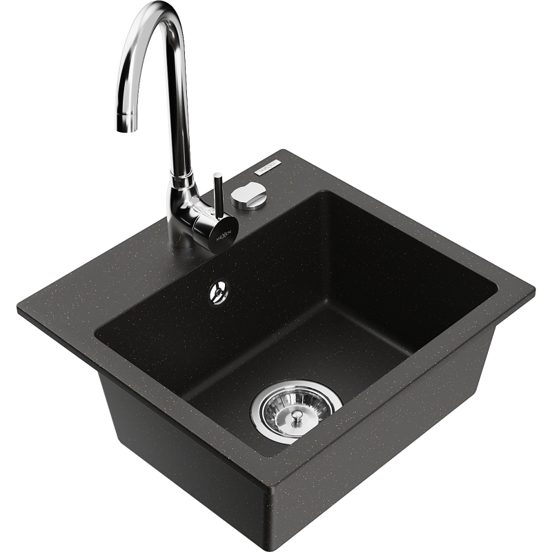 Mexen Milo granitový dřez 1-komorový s kuchyňskou baterií Telma, černý/zlatý - 6505-75-670200-00