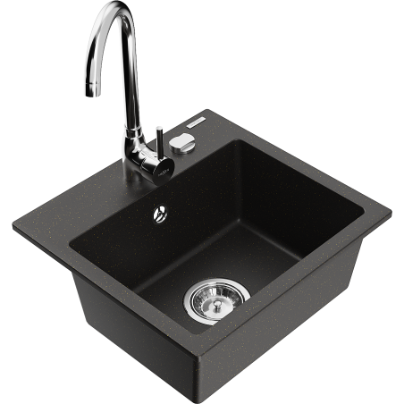 Mexen Milo granitový dřez 1-komorový s kuchyňskou baterií Telma, černý/zlatý - 6505-75-670200-00