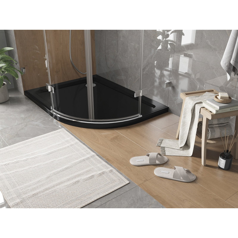 Mexen Flat půlkruhová sprchová vanička slim levá 90 x 80 cm, černá, sifon chrom - 41708090L