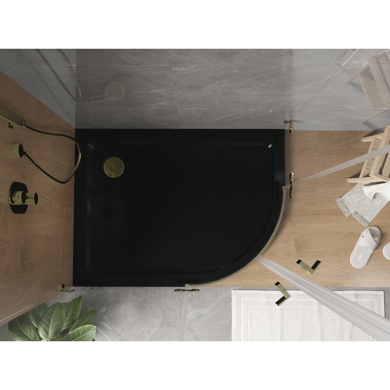 Mexen Flat sprchová vanička půlkruhová tenká levá 120 x 90 cm, černá, sifon zlatý - 41709012L-G
