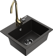 Mexen Milo granitový dřez 1-komorový s kuchyňskou baterií Telma, černý/zlatý - 6505-75-670200-50-B